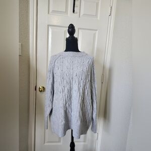 Aerie Light Gray Cable Knit Faux Pearl Beaded Crew Neck Sweater Soft Cozy M